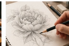 Pencil drawing of a flower in a sketchbook