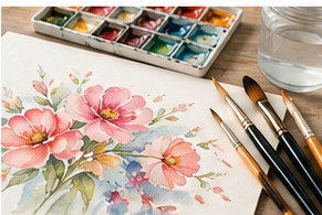 Watercolour palette and flower painting