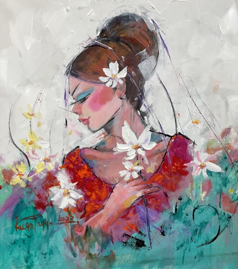 Woman With White Flowers — original painting by Faiqa Uppal